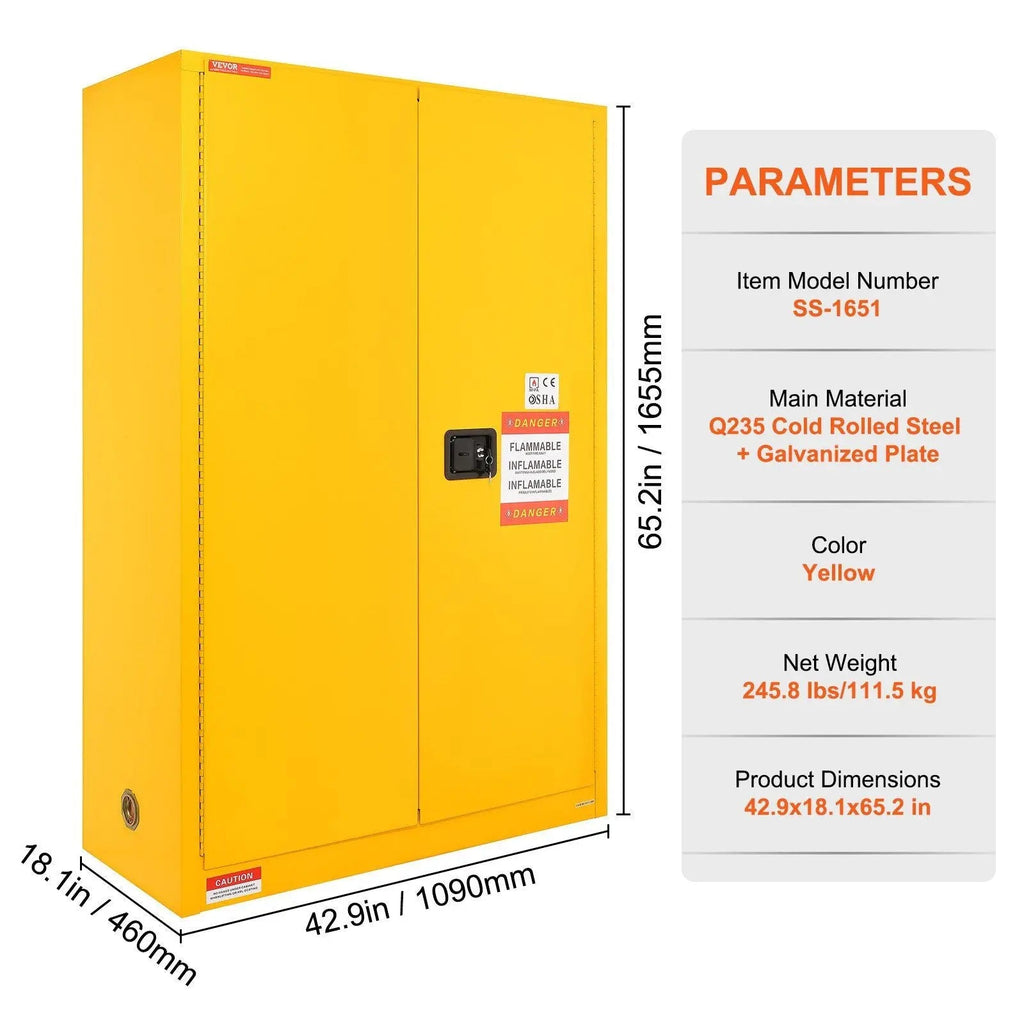 45 Gal Flammable Safety Cabinet, Cold-Rolled Steel, Explosion-Proof Design, 2 Adjustable Shelves, DOBA-CF45