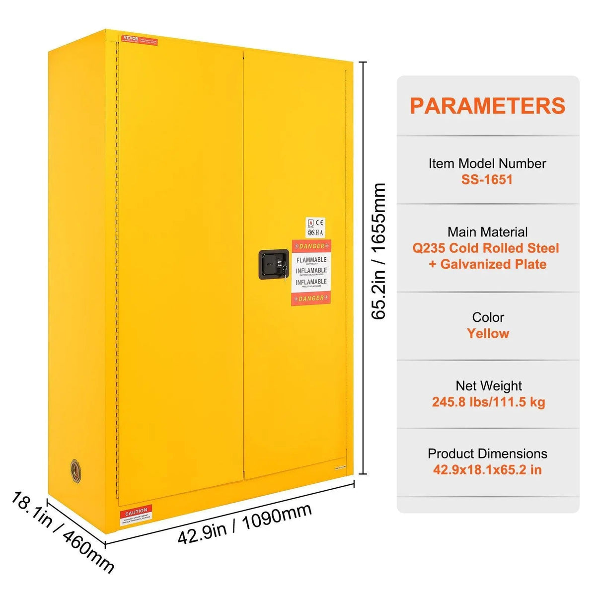 45 Gal Flammable Safety Cabinet, Cold-Rolled Steel, Explosion-Proof Design, 2 Adjustable Shelves, DOBA-CF45