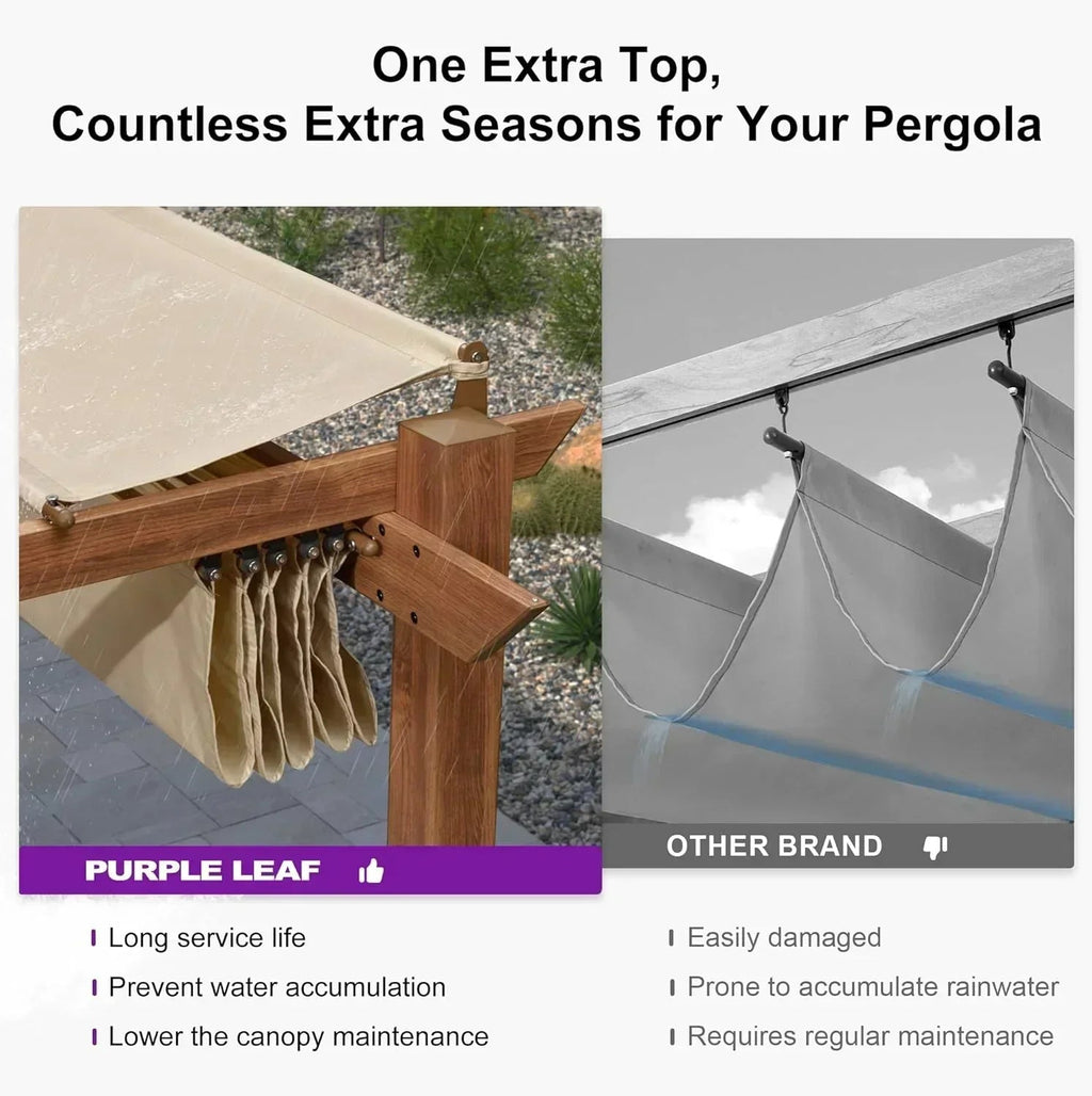 PURPLE LEAF Outdoor Retractable Pergola with Sun Shade Canopy In Natural Wood Grain Frame With Curtains