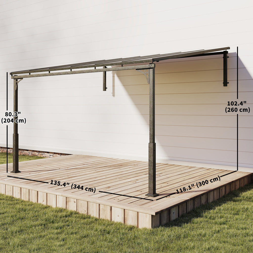 11' x 10' Wall Mounted Lean-to Pergola with Polycarbonate Roof, Brown