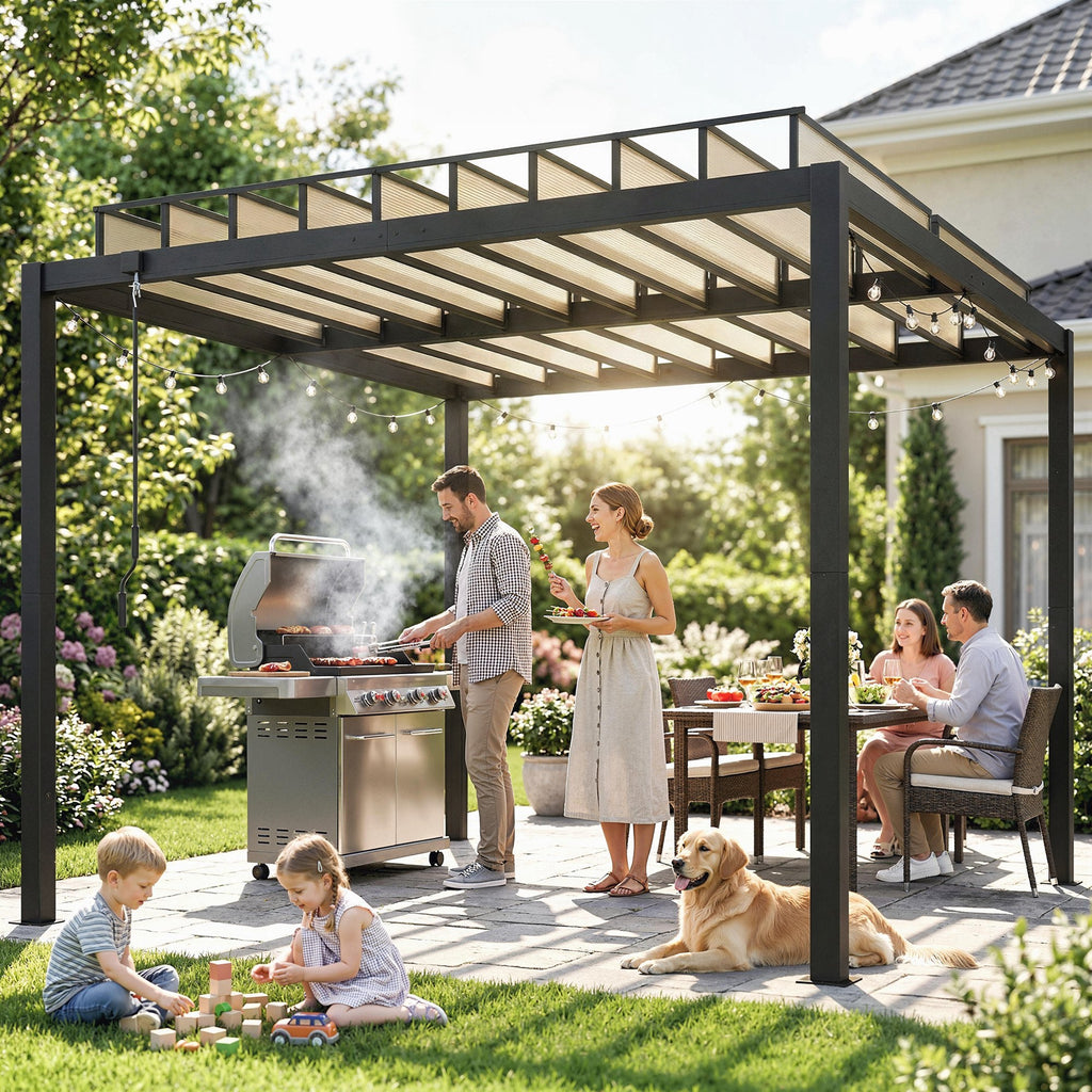 3 x 3 m Louvered Pergola with Adjustable Roof and Gutters, Coffee