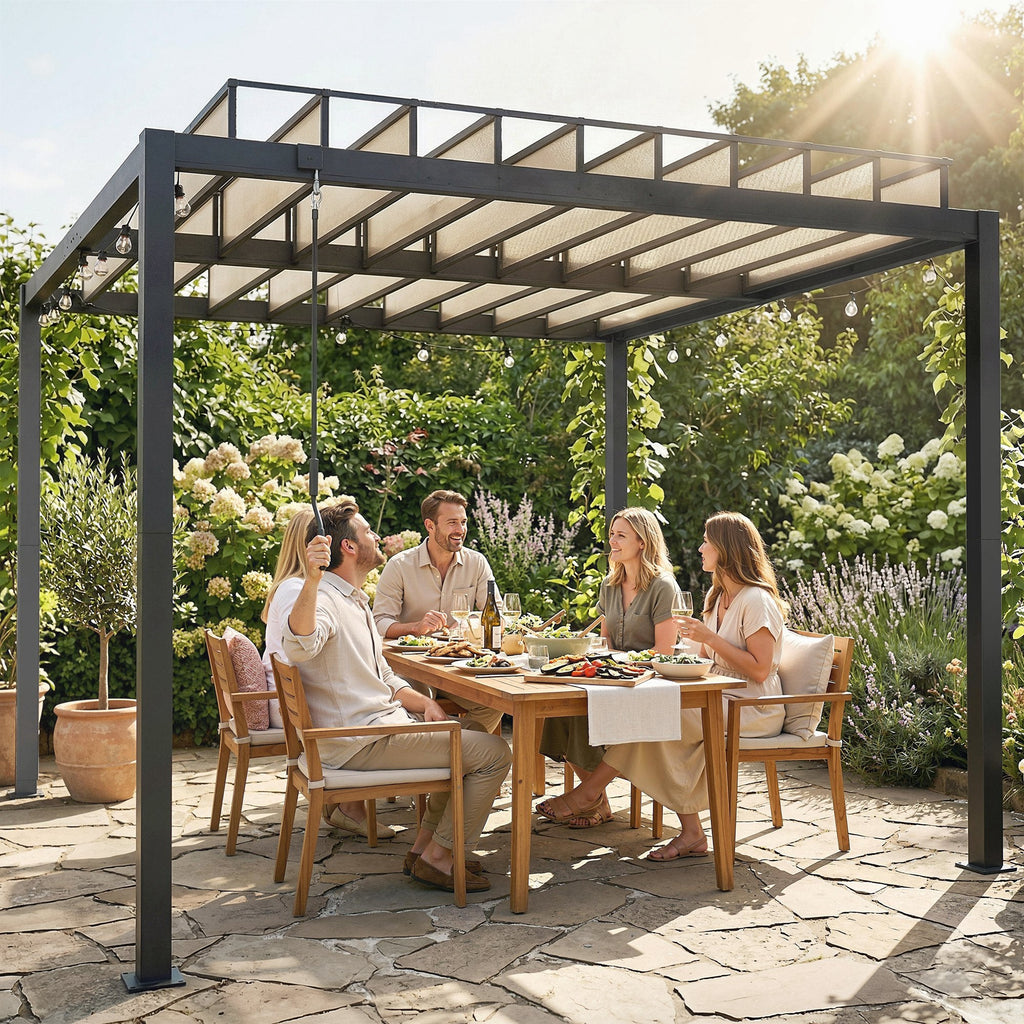 3 x 3 m Louvered Pergola with Adjustable Roof and Gutters, Coffee