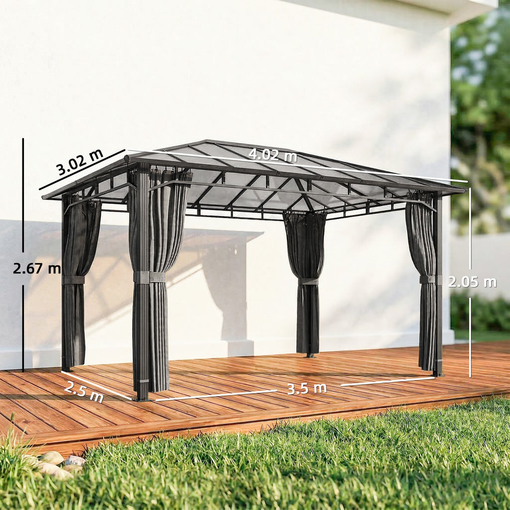 3 x 4 m Hardtop Gazebo with Polycarbonate Roof and Curtains, Dark Grey