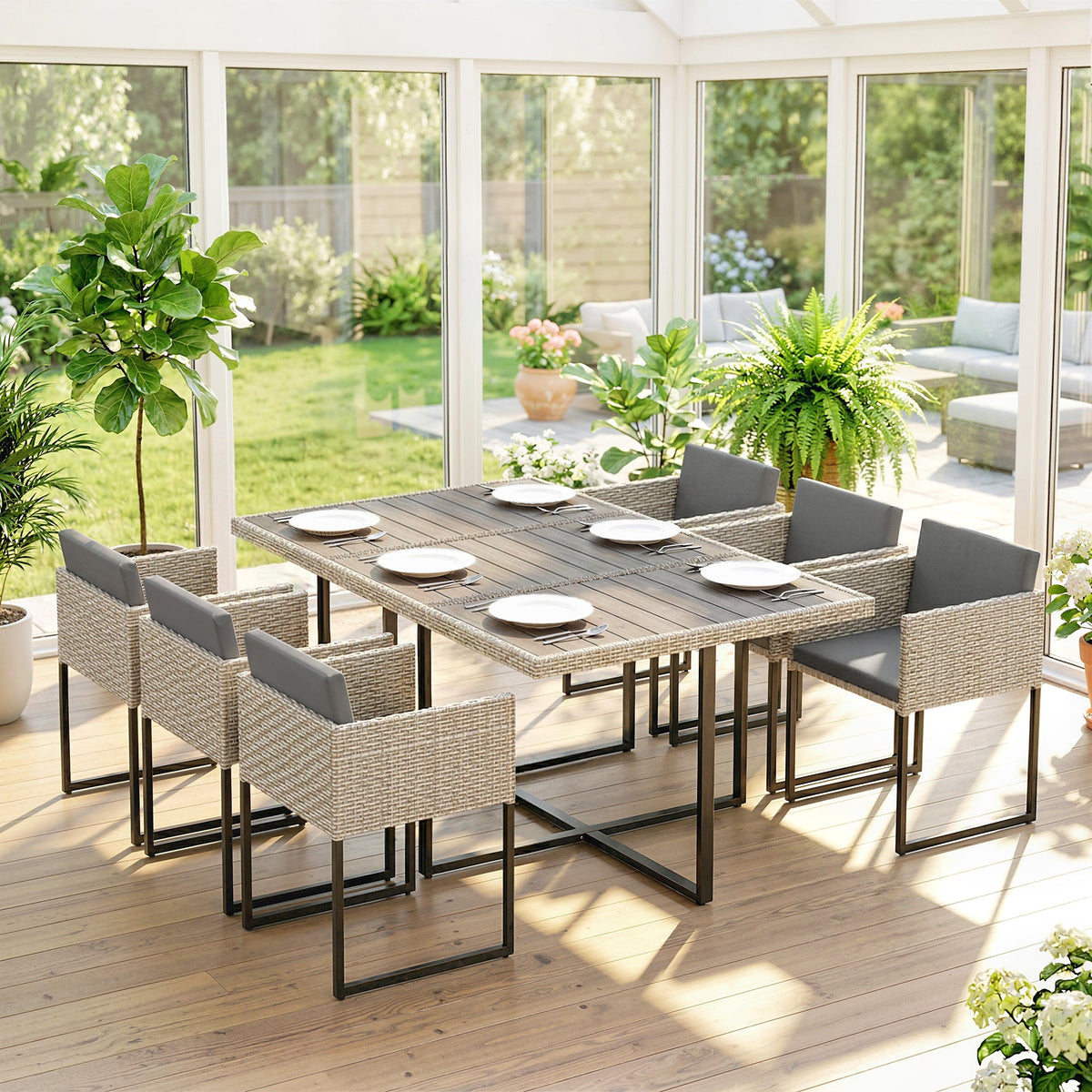 7-Piece Light Grey Rattan Dining Set with WPC Table, 6 Chairs & 12 Cushions