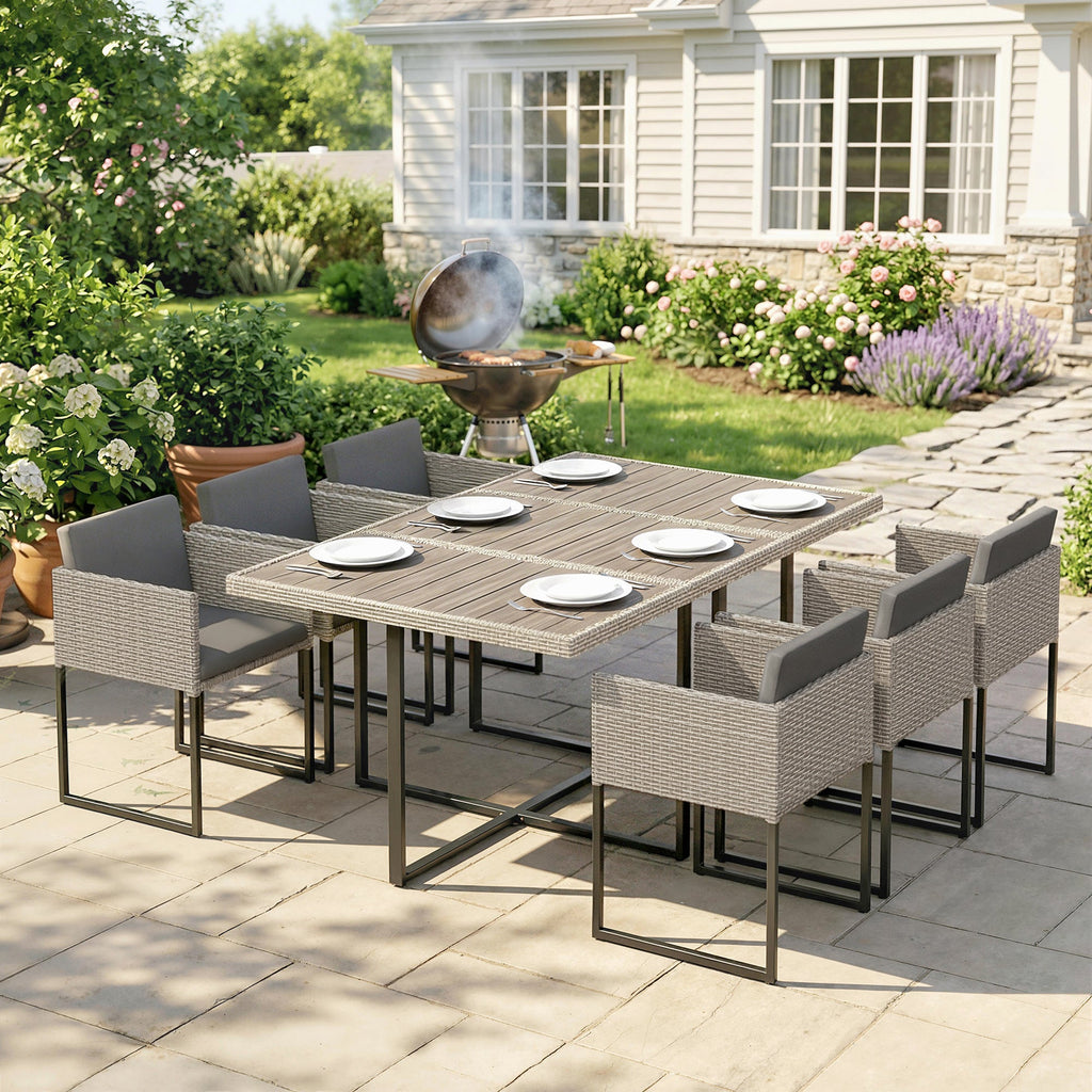 7-Piece Light Grey Rattan Dining Set with WPC Table, 6 Chairs & 12 Cushions