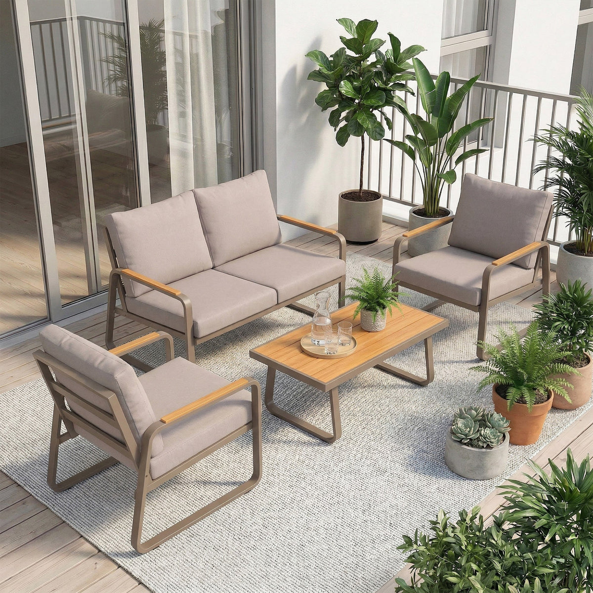 4-Piece Patio Set with Metal Frame and Cushions, Loveseat & 2 Chairs, Brown