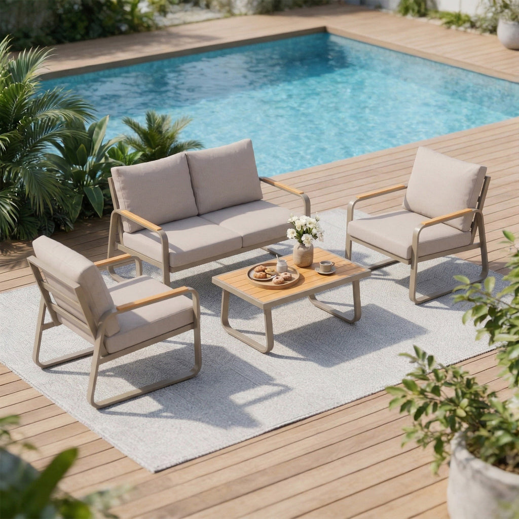 4-Piece Patio Set with Metal Frame and Cushions, Loveseat & 2 Chairs, Brown