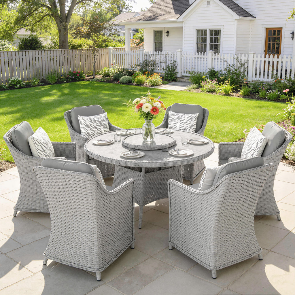 6 Seater Rattan Dining Set with Lazy Susan and Marble Effect Table, Grey