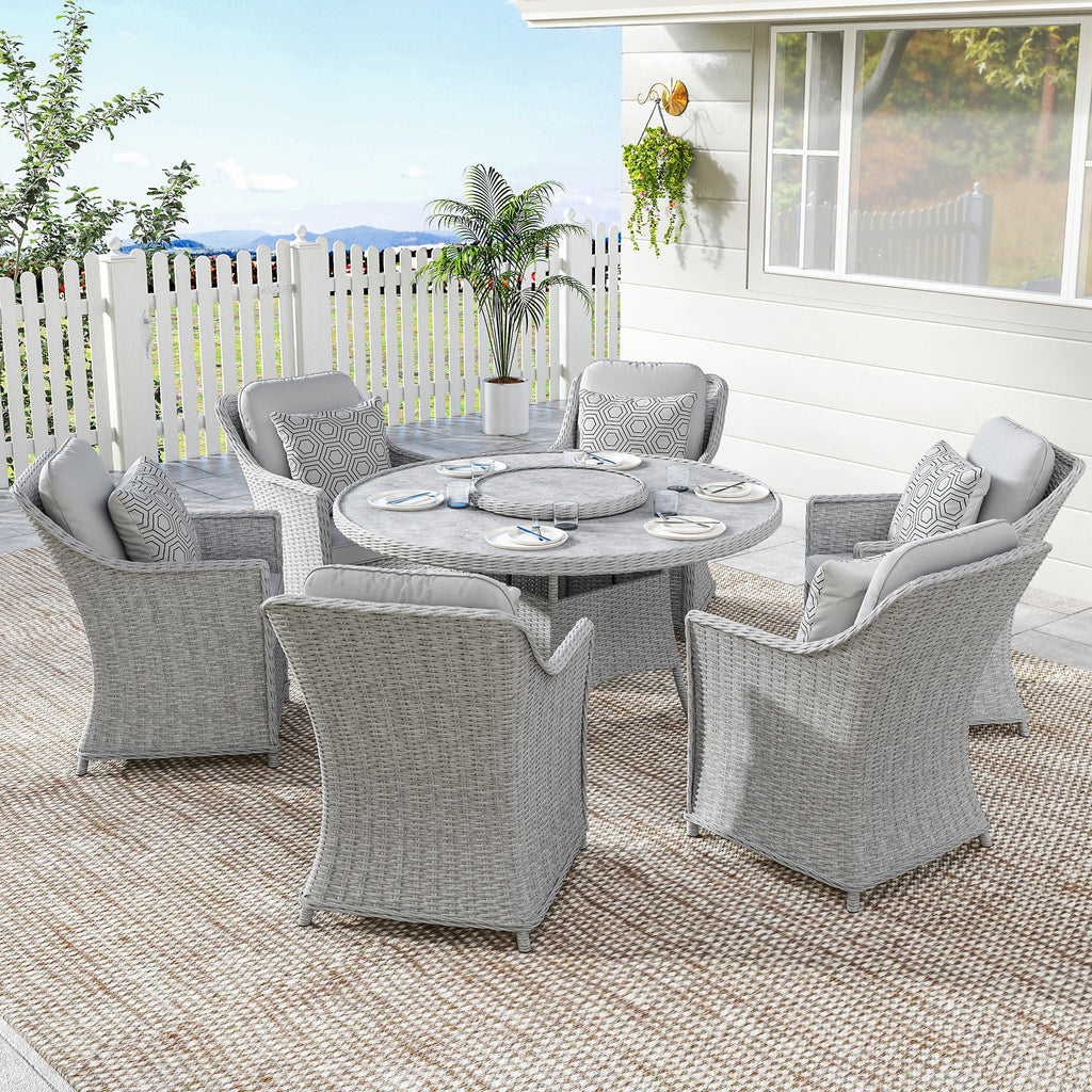 6 Seater Rattan Dining Set with Lazy Susan and Marble Effect Table, Grey