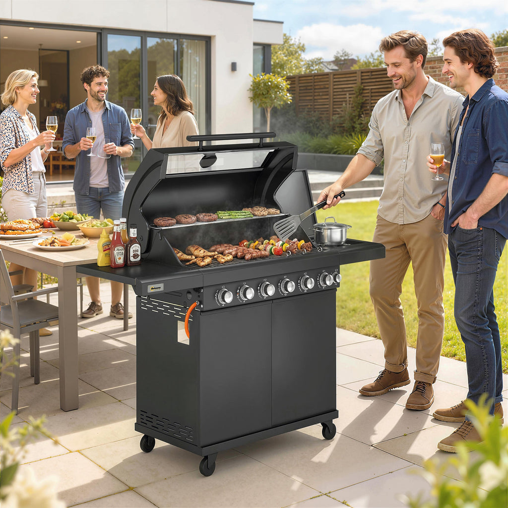 6+1 Burner Gas BBQ Grill with Cabinet and Viewing Window, Black