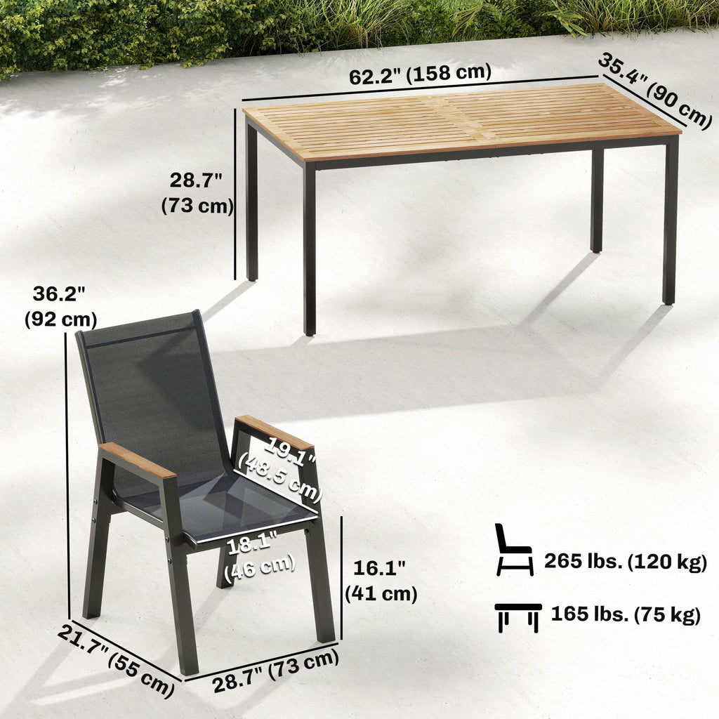 7-Piece Outdoor Dining Set with Slatted Rectangle Table and 6 Mesh Chairs, Black