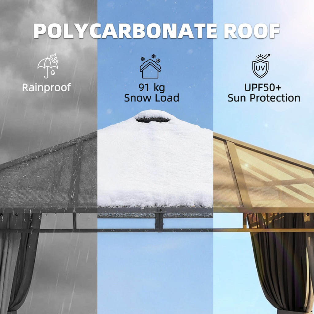 3 x 3 m Hardtop Gazebo with Polycarbonate Roof and Curtains, Tan