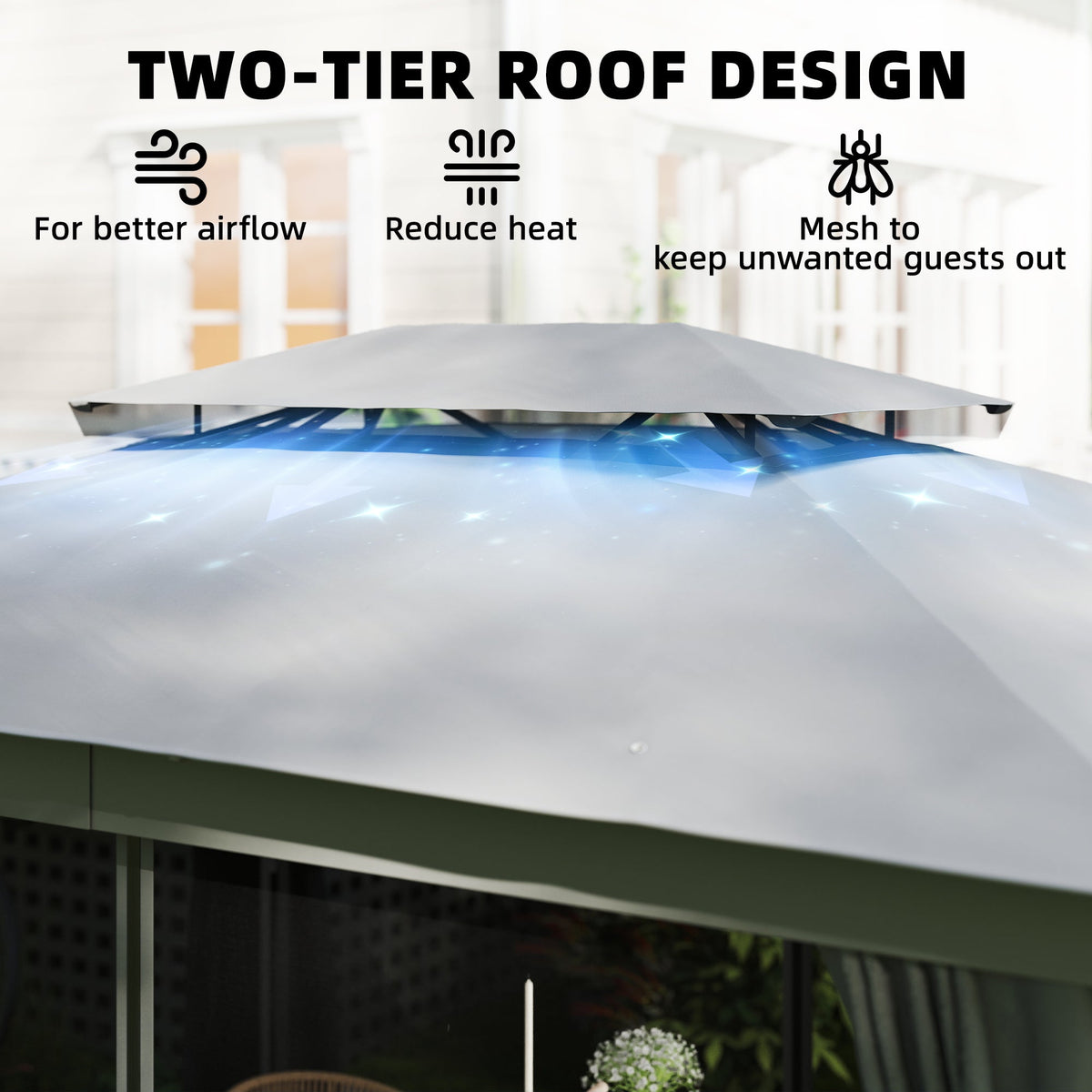 10' x 12.5' Outdoor Gazebo with Double Roof, Curtains and Netting, Dark Grey