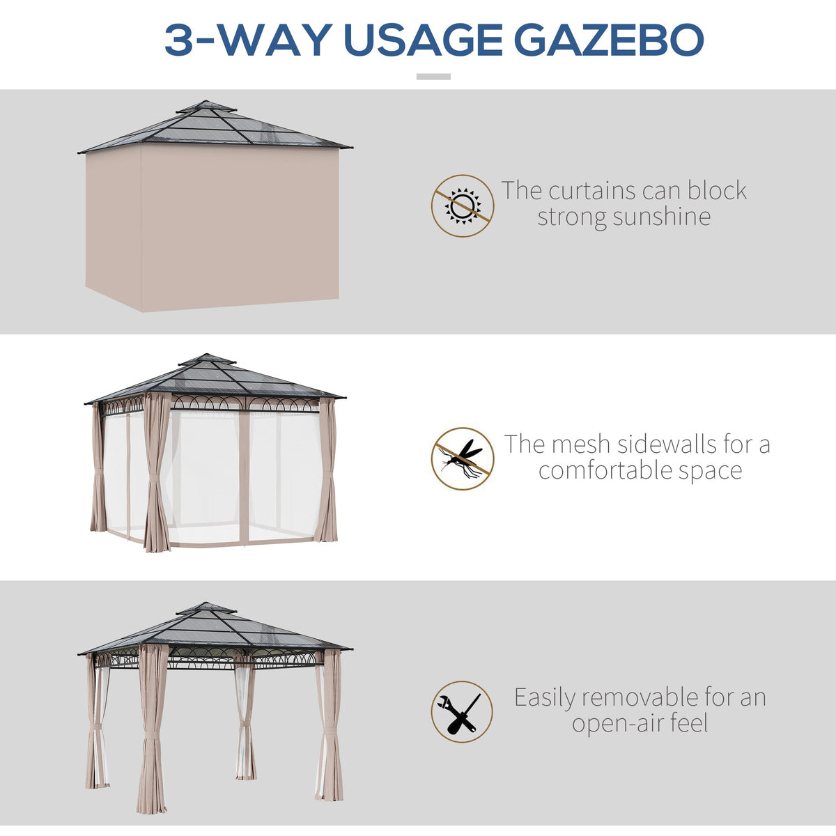 3 x 3m Polycarbonate Hardtop Gazebo with Curtains & Netting, Khaki
