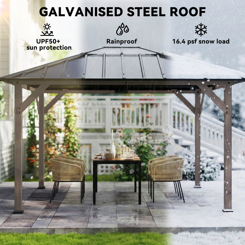 10' x 12' Wood Hardtop Gazebo with Clear Roof, Light Walnut