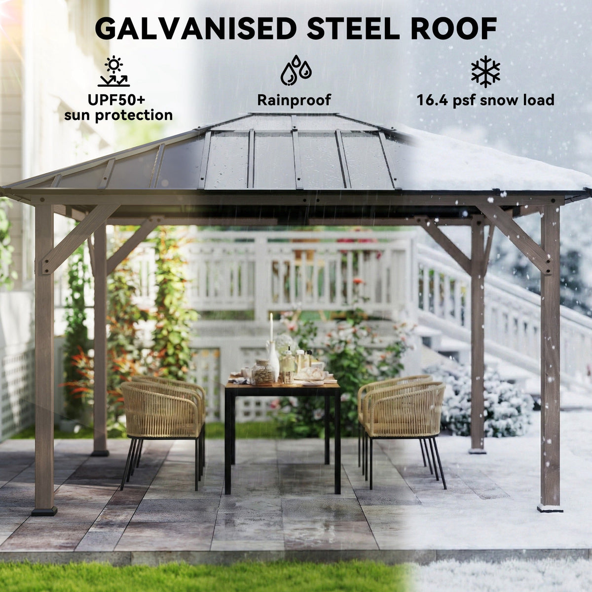 10' x 12' Wood Hardtop Gazebo with Clear Roof, Light Walnut