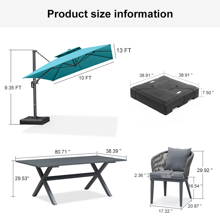 PURPLE LEAF Patio Table and Umbrella Set, 10×13 ft Grey Pole Cantilever Outdoor Umbrella with Base
