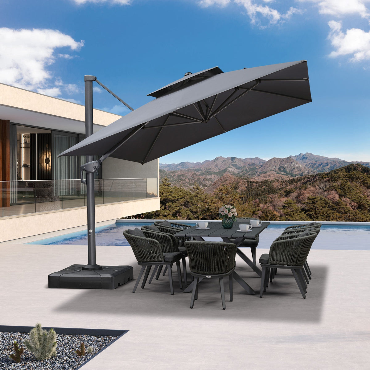 PURPLE LEAF Patio Table and Umbrella Set, 10×13 ft Grey Pole Cantilever Outdoor Umbrella with Base