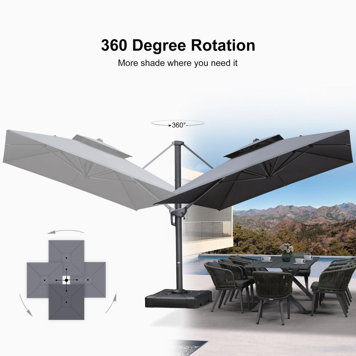 PURPLE LEAF Patio Table and Umbrella Set, 10×13 ft Grey Pole Cantilever Outdoor Umbrella with Base