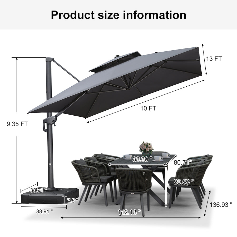 PURPLE LEAF Patio Table and Umbrella Set, 10×13 ft Grey Pole Cantilever Outdoor Umbrella with Base