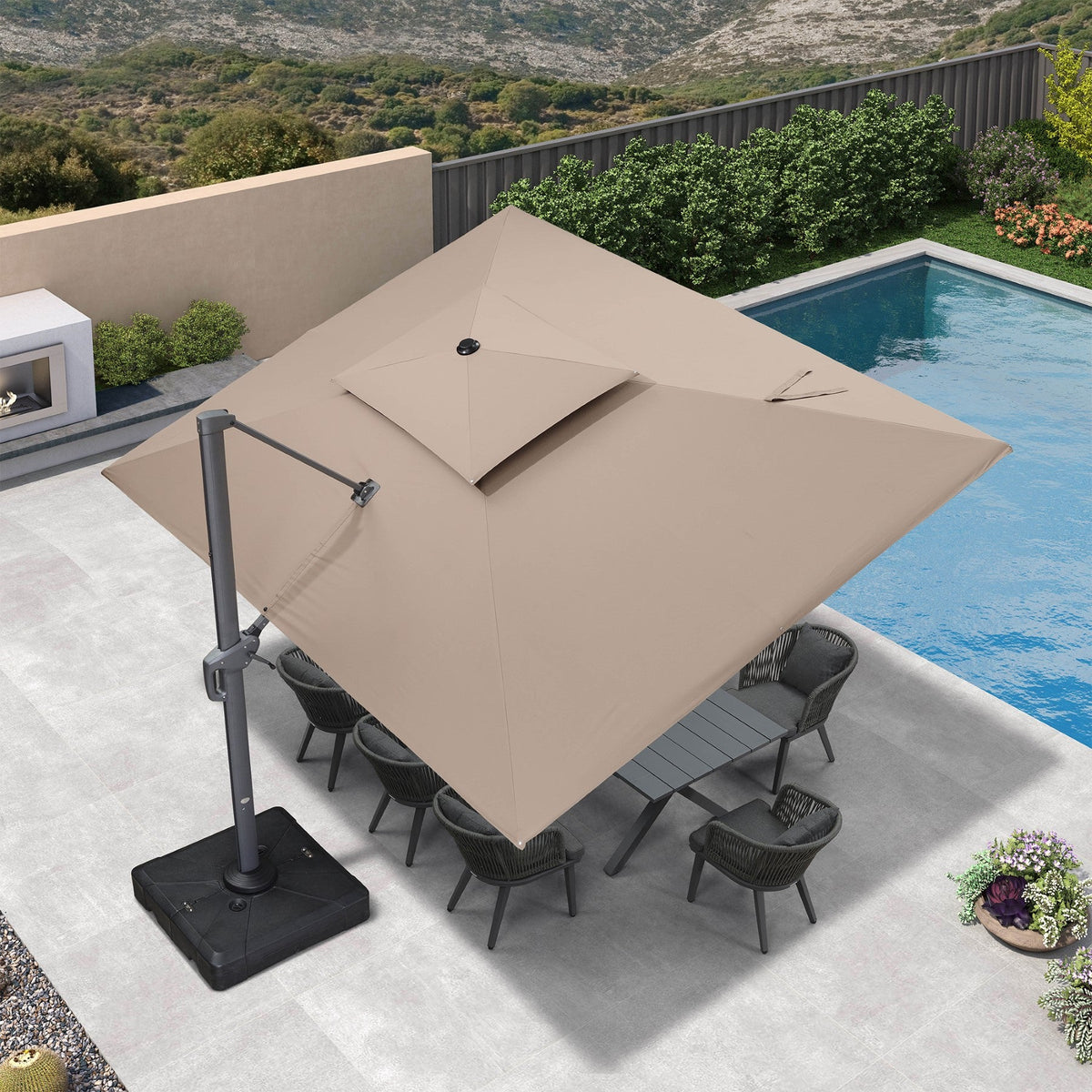 PURPLE LEAF Patio Table and Umbrella Set, 10×13 ft Grey Pole Cantilever Outdoor Umbrella with Base