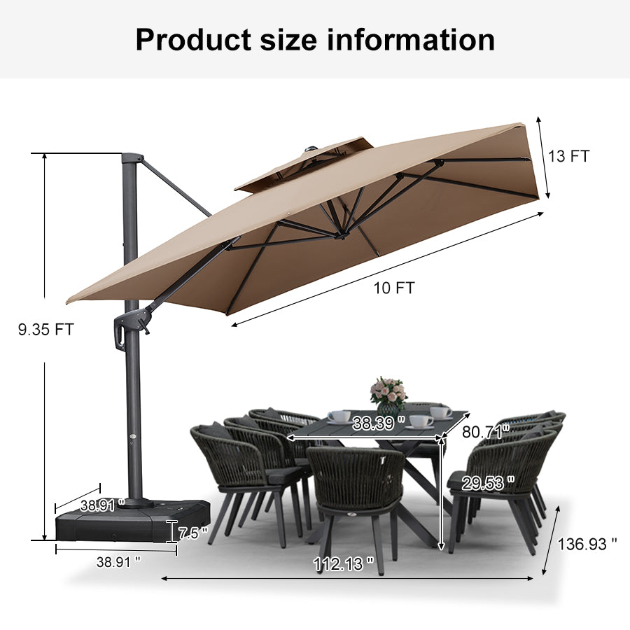 PURPLE LEAF Patio Table and Umbrella Set, 10×13 ft Grey Pole Cantilever Outdoor Umbrella with Base