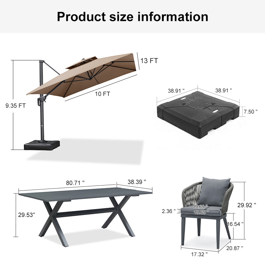 PURPLE LEAF Patio Table and Umbrella Set, 10×13 ft Grey Pole Cantilever Outdoor Umbrella with Base