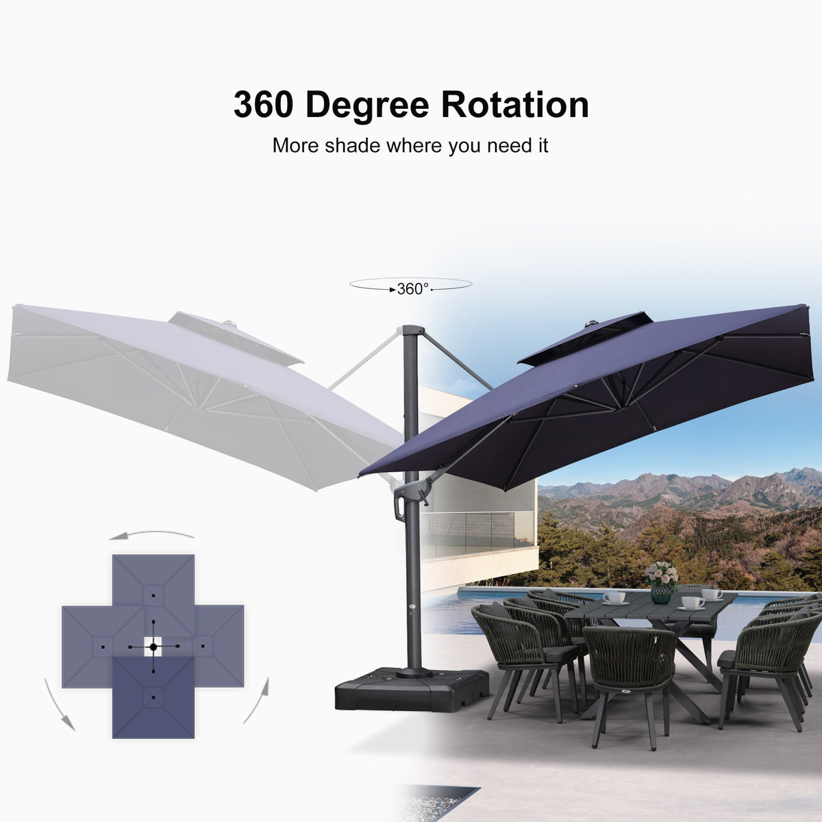 PURPLE LEAF Patio Table and Umbrella Set, 10×13 ft Grey Pole Cantilever Outdoor Umbrella with Base