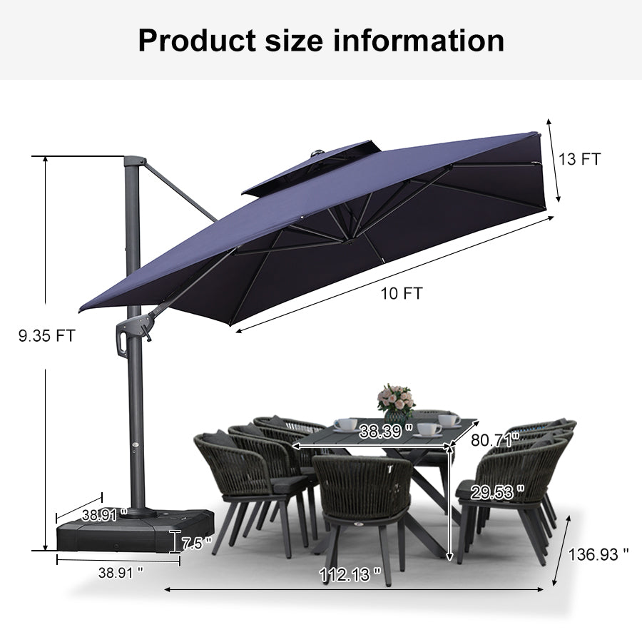 PURPLE LEAF Patio Table and Umbrella Set, 10×13 ft Grey Pole Cantilever Outdoor Umbrella with Base