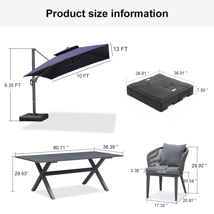 PURPLE LEAF Patio Table and Umbrella Set, 10×13 ft Grey Pole Cantilever Outdoor Umbrella with Base