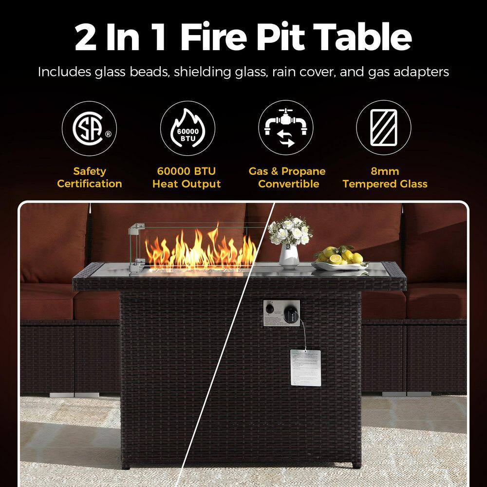 7 Piece Large Espresso Wicker Patio Fire Pit Sectional Deep Seating Sofa Set with Ottamans and Ruby Red Cushions