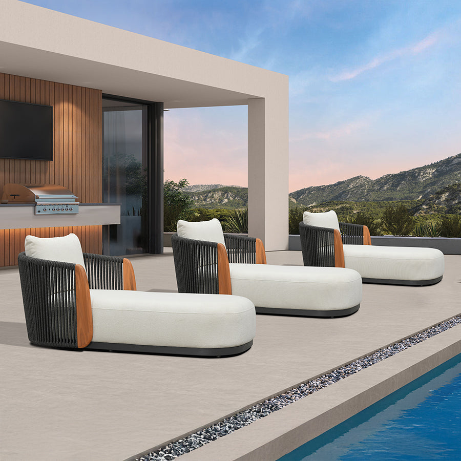 PURPLE LEAF Luxury  Hailar Olefin Patio Chaise Lounge Chair , Upholstered Pool Aluminium Lounge Chairs for Outdoor with Teak Armres for Deck, Pool, Lawn, Garden, Courtyard, Porch