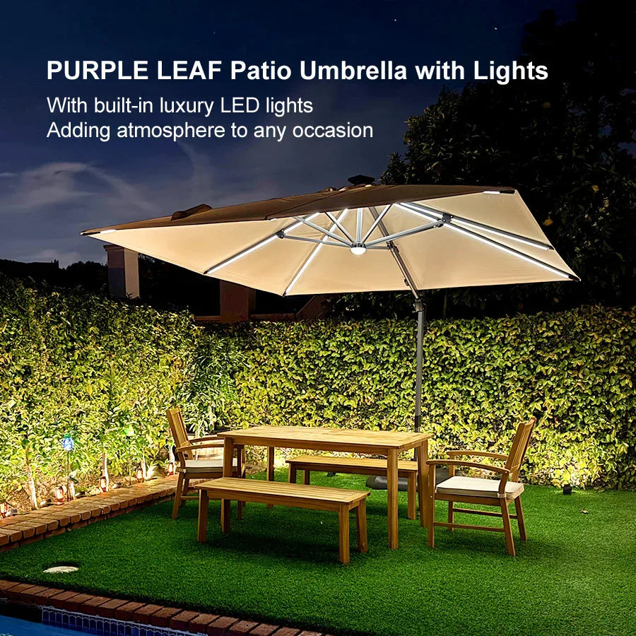 PURPLE LEAF – Parasol de terrasse déporté 10ft avec éclairage LED, rotation 360° et inclinaison