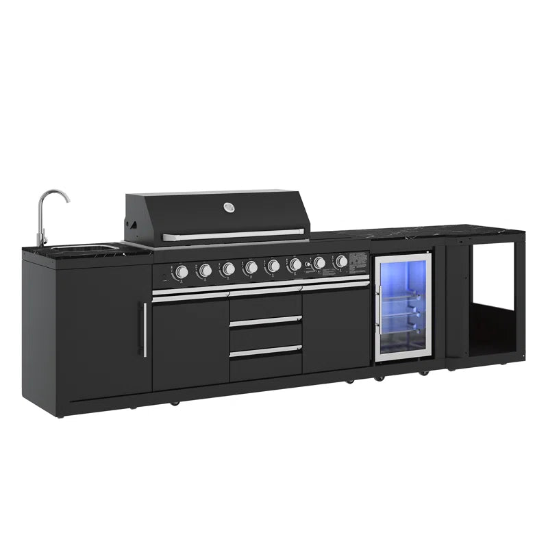 Akoah – Ensemble îlot de cuisine extérieure modulaire 4 pièces avec barbecue 8 brûleurs, réfrigérateur et roulettes