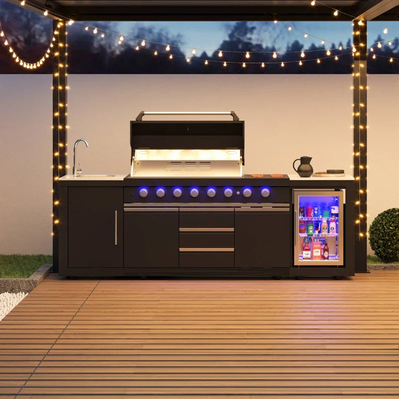 Akoah – Ensemble îlot de cuisine extérieure modulaire 4 pièces avec barbecue 8 brûleurs, réfrigérateur et roulettes