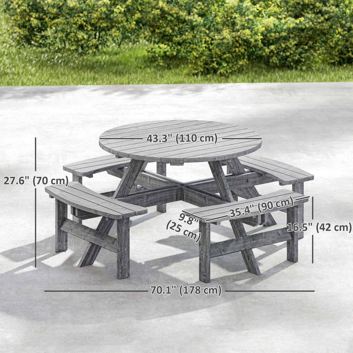 Wooden Patio Dining Set for 8 with Round Table and 4 Benches, Grey