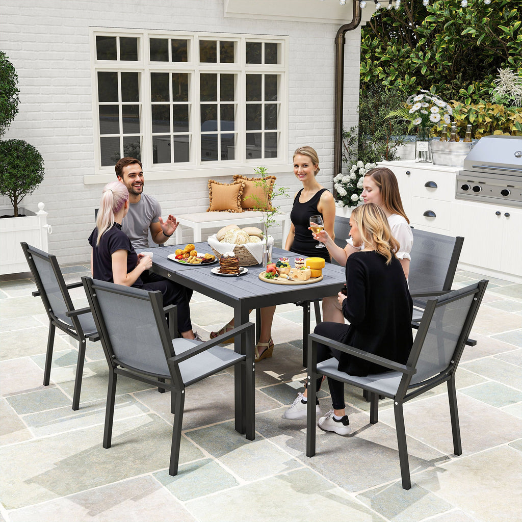 7pc Patio Dining Set with WPC Table and 6 Stackable Chairs, Light Grey