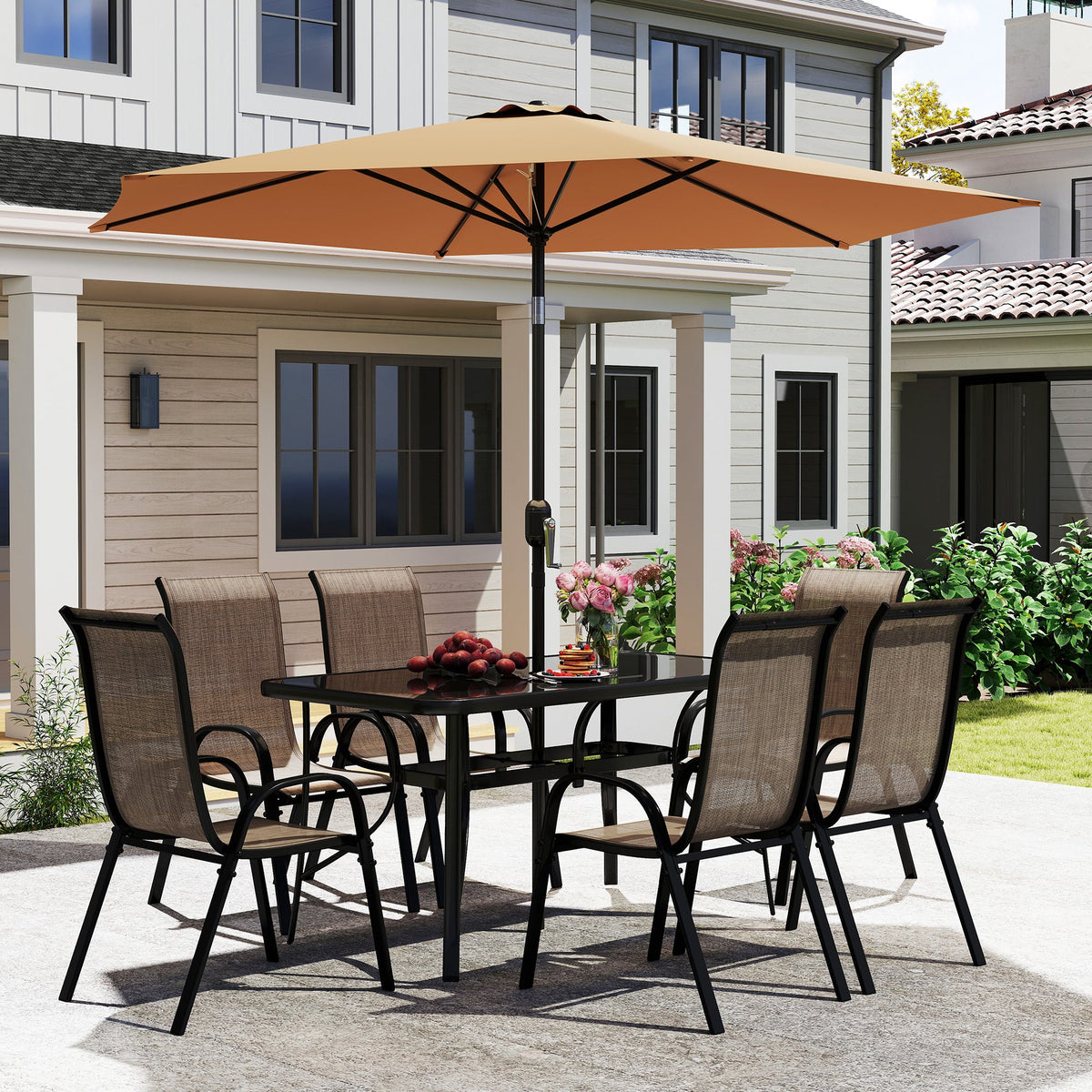 8-Piece Patio Dining Set with 9 Ft Umbrella, Mixed Brown
