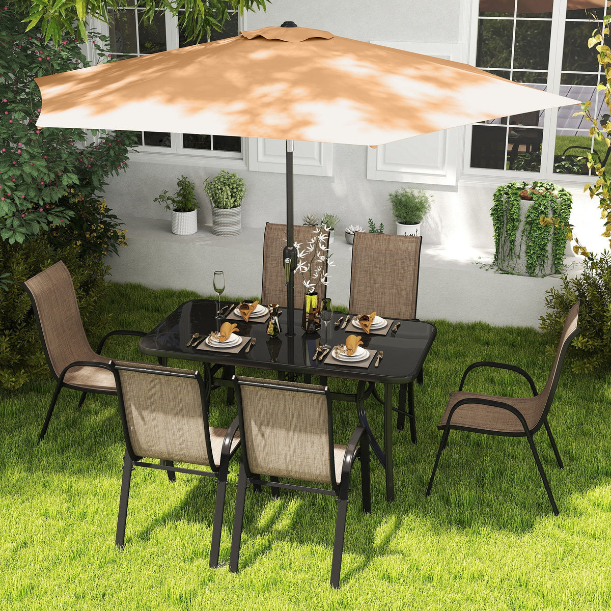 8-Piece Patio Dining Set with 9 Ft Umbrella, Mixed Brown