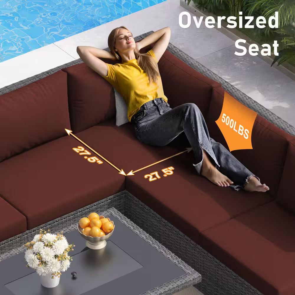 Large 7 Piece Charcoal Wicker Patio Fire Pit Conversation Sectional Deep Seating Sofa Set with Dark Red Cushions