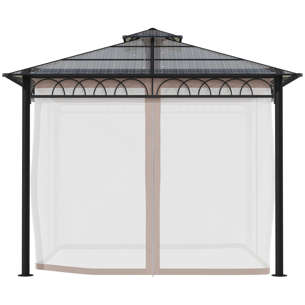 3 x 3m Polycarbonate Hardtop Gazebo with Curtains & Netting, Khaki