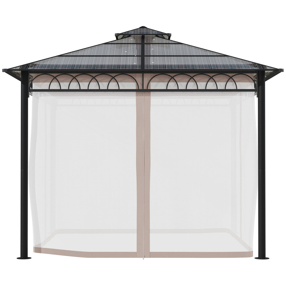 3 x 3m Polycarbonate Hardtop Gazebo with Curtains & Netting, Khaki