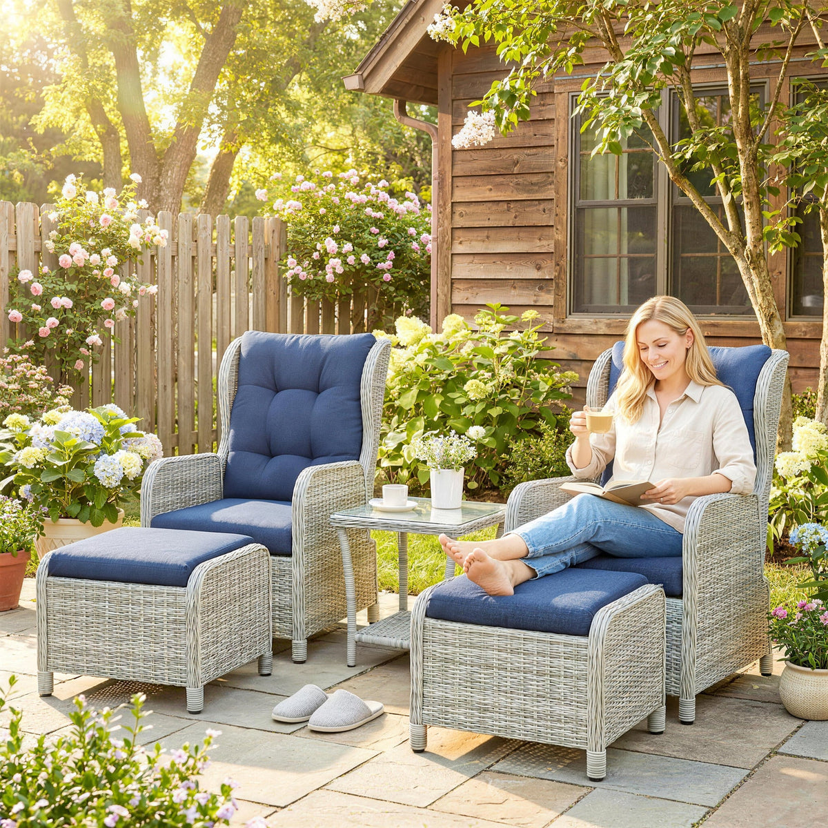 5 Piece Rattan Reclining Chair Set with Footstool and Glass Table, Dark Blue