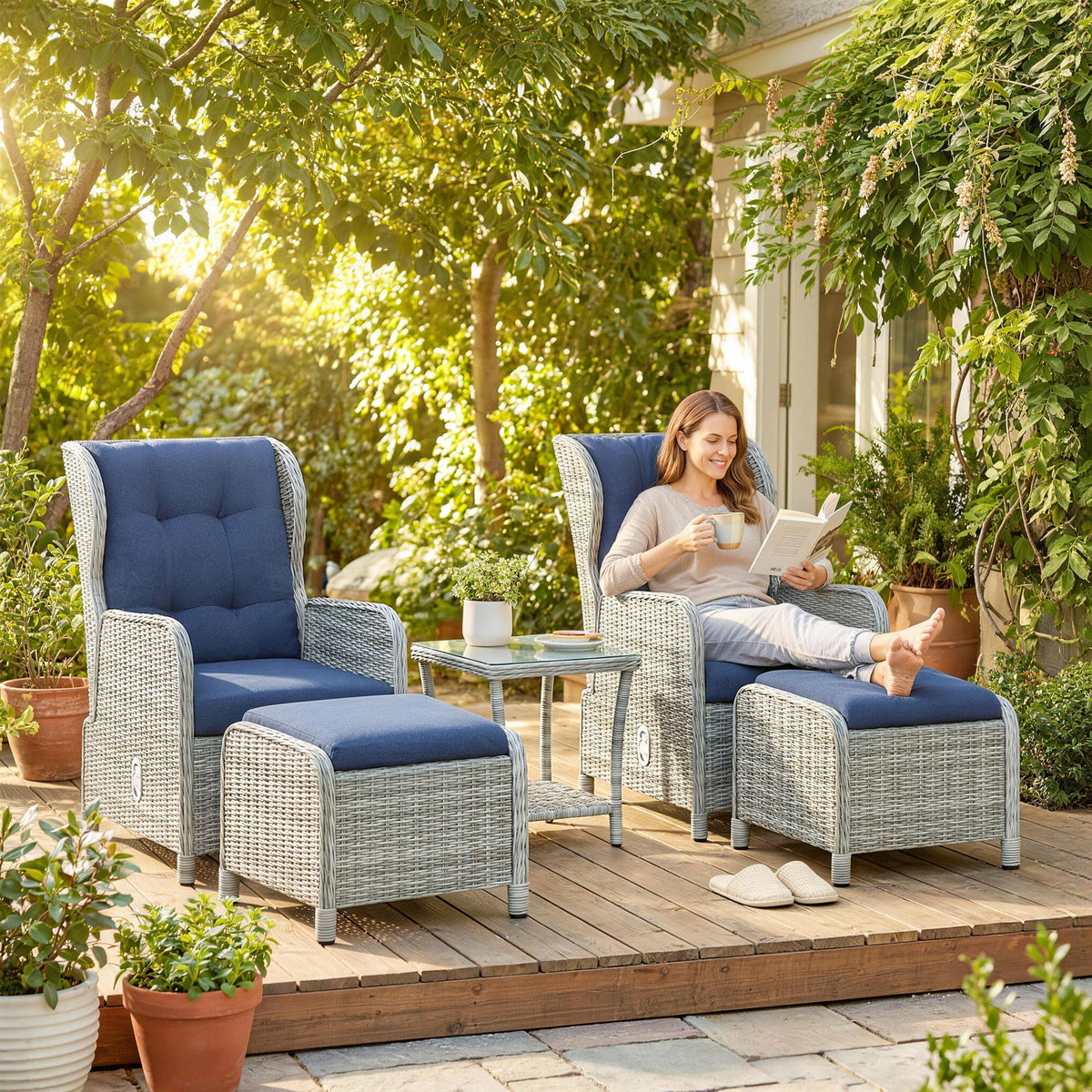5 Piece Rattan Reclining Chair Set with Footstool and Glass Table, Dark Blue