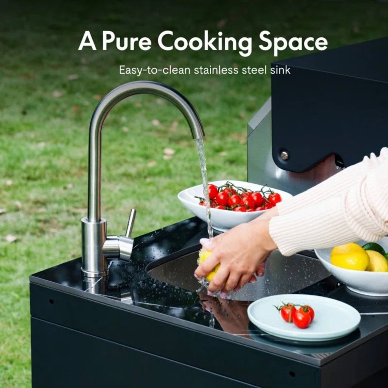 Akoah – Ensemble îlot de cuisine extérieure modulaire 4 pièces avec barbecue 8 brûleurs, réfrigérateur et roulettes