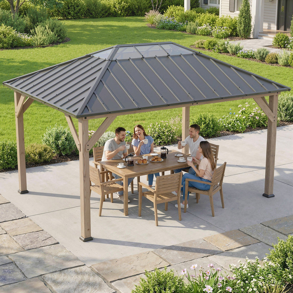 12' x 16' Wood Hardtop Gazebo with Clear Roof, Light Walnut