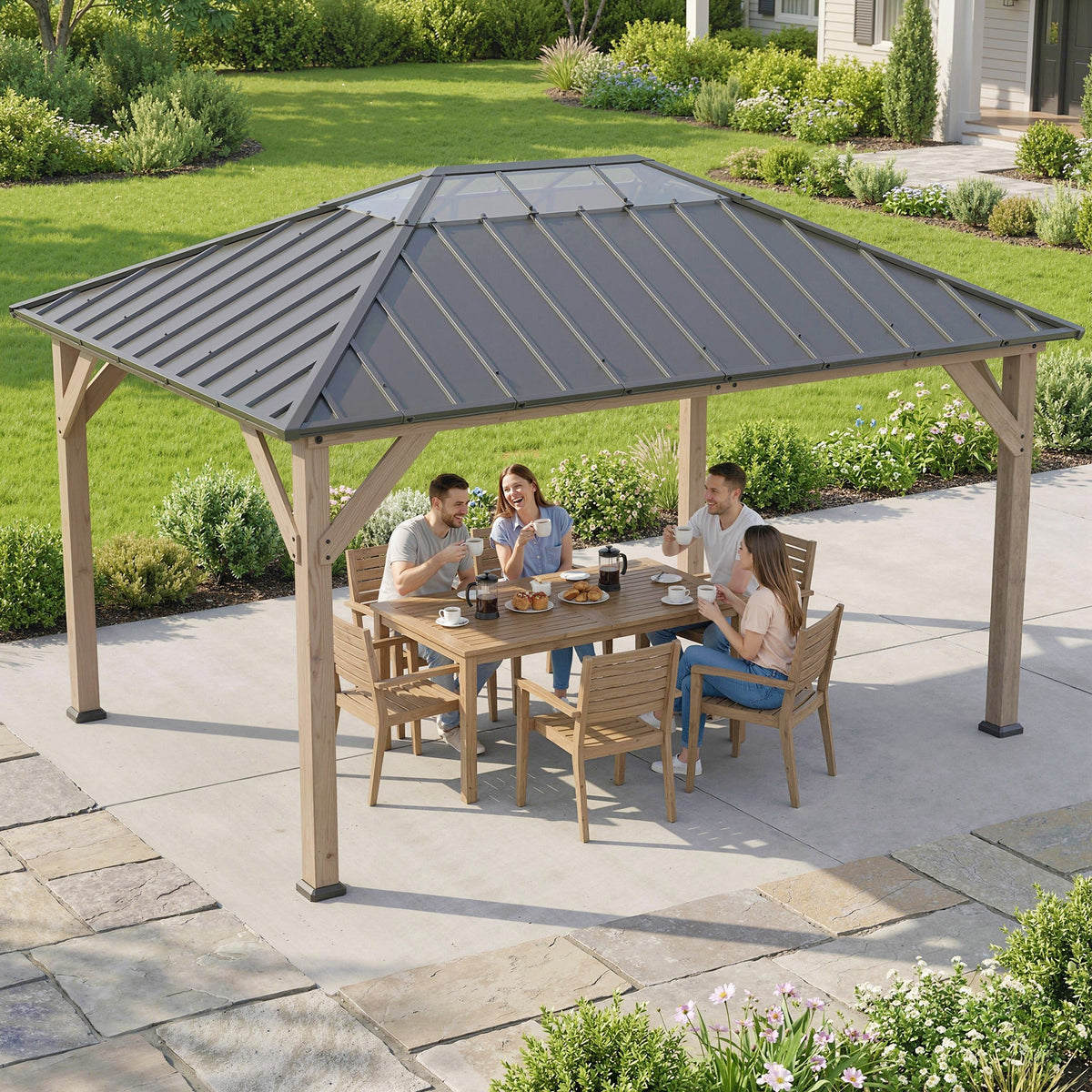 12' x 16' Wood Hardtop Gazebo with Clear Roof, Light Walnut