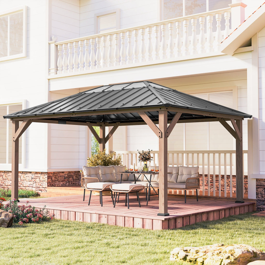 12' x 16' Wood Hardtop Gazebo with Clear Roof, Light Walnut