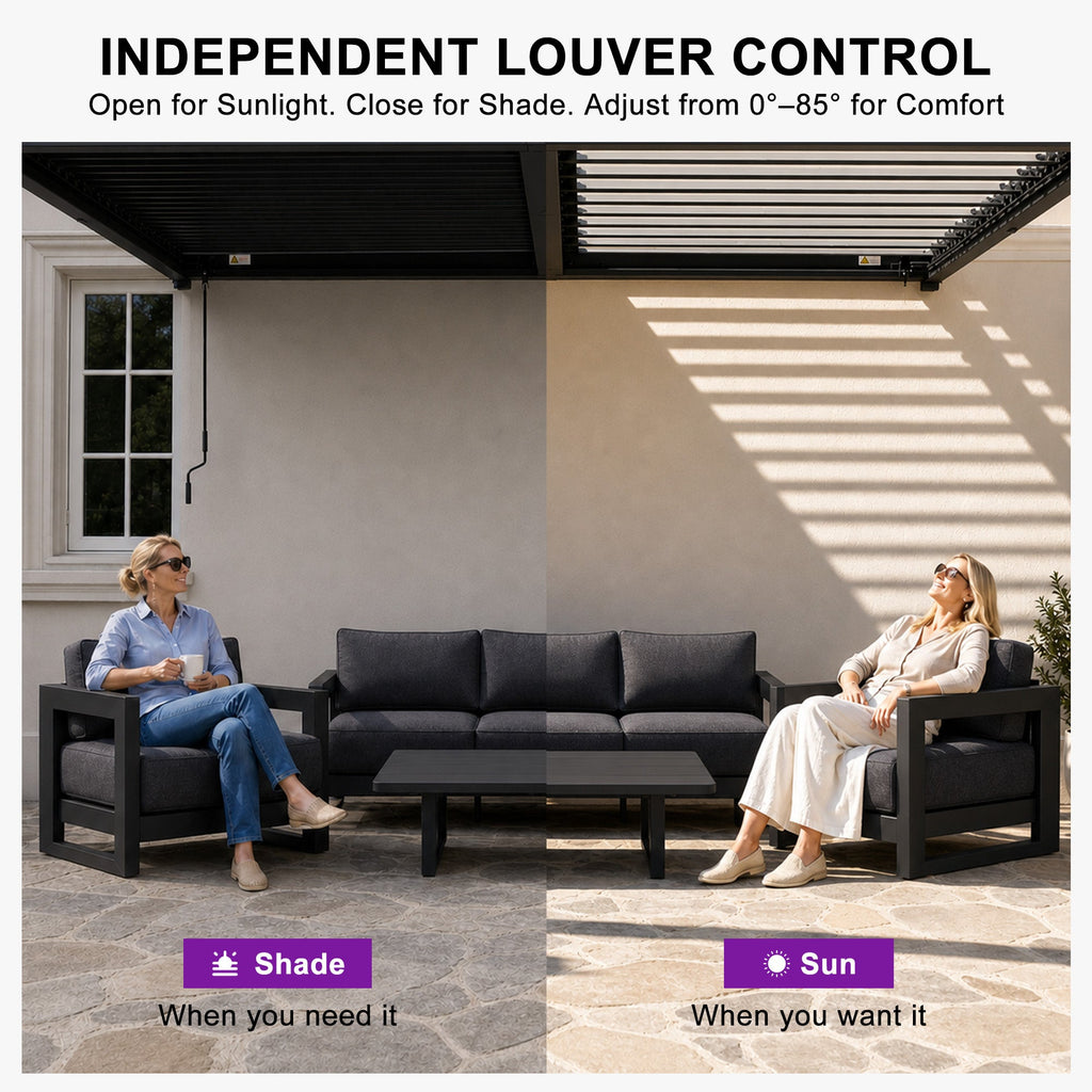 PURPLE LEAF Caesar Wall Mounted Louvered Pergola with LED String Lights, All-Aluminum Patio Cover with Adjustable Roof, Hidden Gutter Drainage, Lean-to Pergola for Deck, Backyard, Porch, Dark Gray