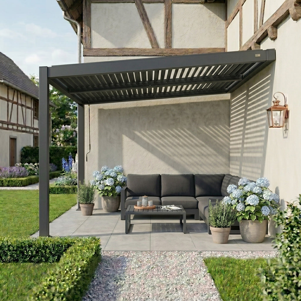 PURPLE LEAF Caesar Wall Mounted Louvered Pergola with LED String Lights, All-Aluminum Patio Cover with Adjustable Roof, Hidden Gutter Drainage, Lean-to Pergola for Deck, Backyard, Porch, Dark Gray